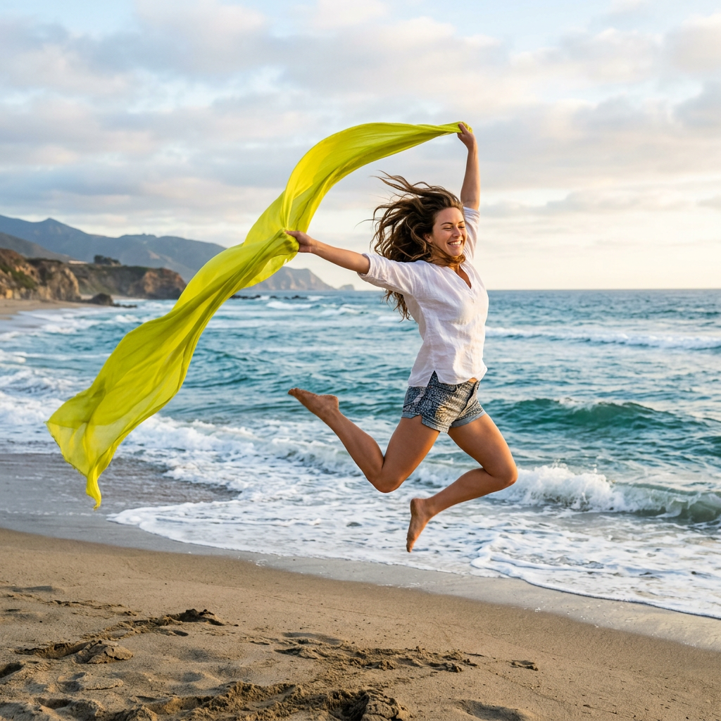 Woman leaping on beach with a flowing yellow scarf